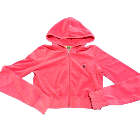 Juicy Couture Tops - Vintage Juicy Couture Pink Velour Zip Up Hoodie Y2K Cropped Jacket Large '02-'05